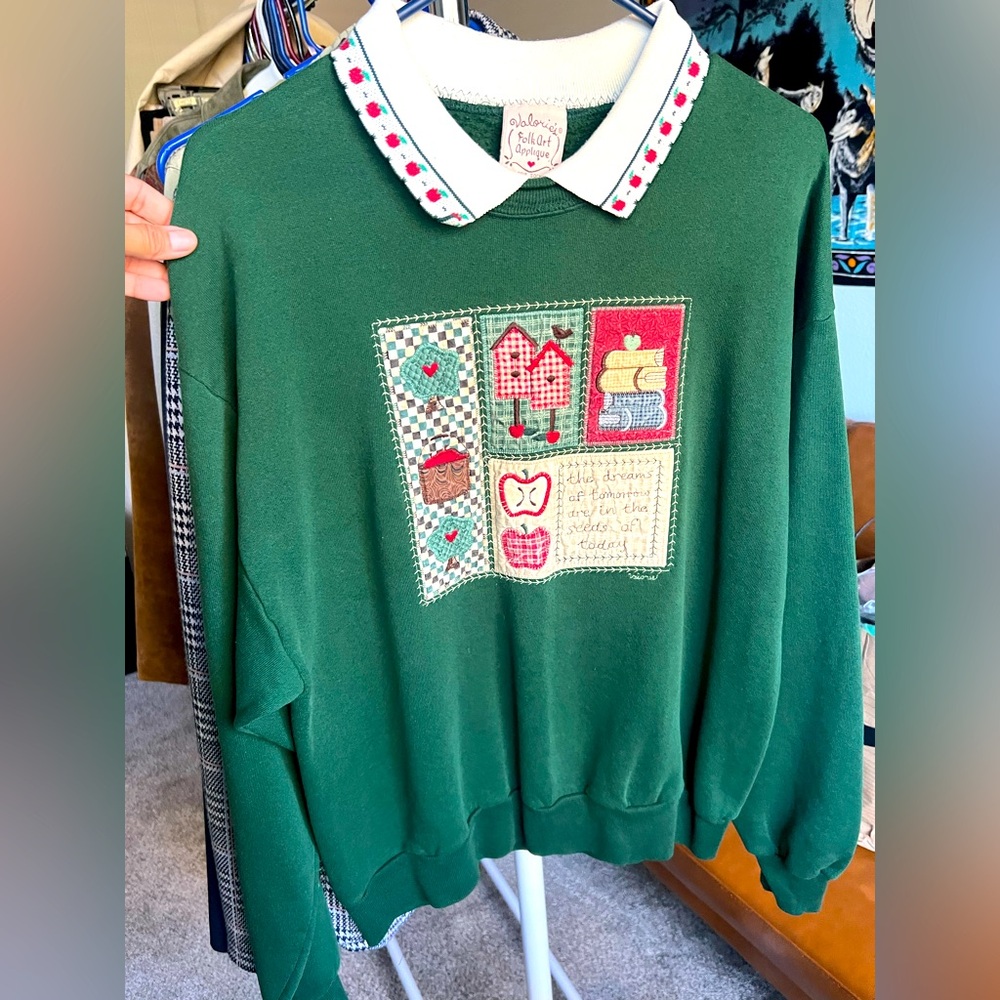 Jerzees Vintage Folk Green Sweater with Embroidered Patchwork and Collar